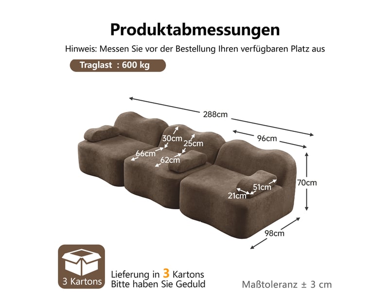  Canapé droit modulaire 3 places en velours marron, forme ondulée et assise profonde pour le salon familial  - Conforama C