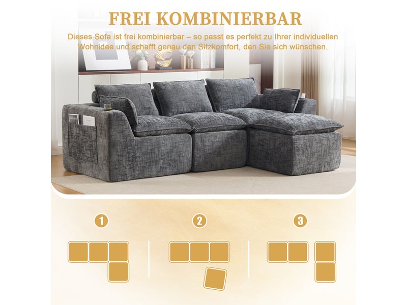 Canapé modulable 3 places en tissu chenille gris, avec pouf, 2 poches latérales, porte-gobelets, 256×161×75 cm - Conforama R