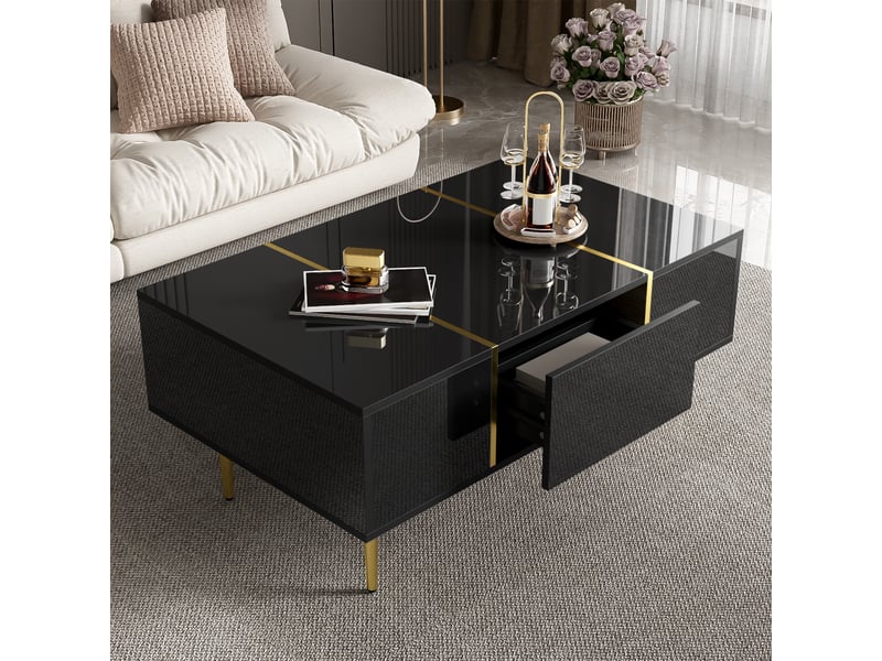  Table basse avec 2 tiroirs brillante - lpospi - rangement, détails métal doré, mdf noir 100 × 60 × 41,5 cm  - Conforama C
