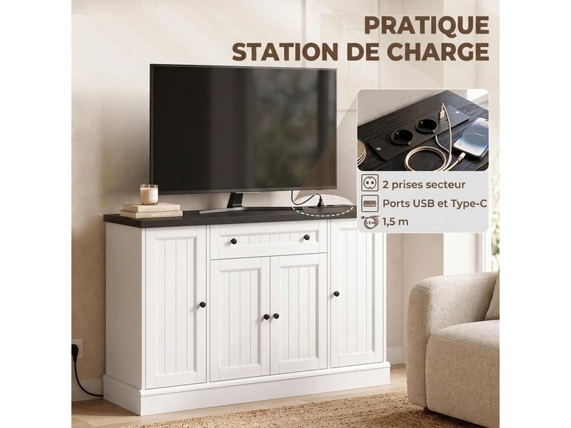  Buffet avec station de charge 3 portes 1 tiroir blanc et noir 120x40x80 cm  - Conforama D