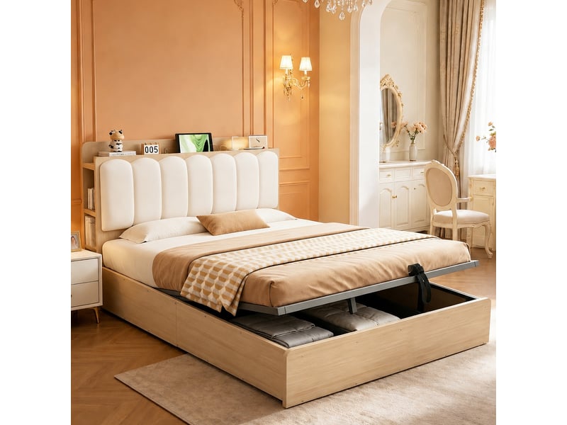  Lit coffre 140x200 cm, lit double, rangement hydraulique, étagères, port usb, tête de lit rembourrée, veilleuse, bois naturel  - Conforama A