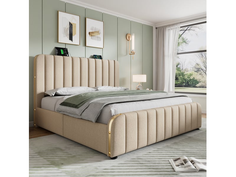  Lit adulte 180x200 cm, lit double avec 4 tiroirs, tête de lit, usb et type-c, lin beige, avec matelas  - Conforama W