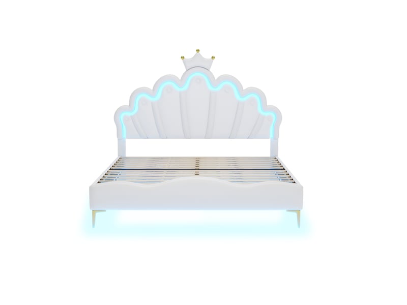 Lit princesse blanc 140x200 cm en similicuir PU, tête couronne et LED réglable  - Conforama A