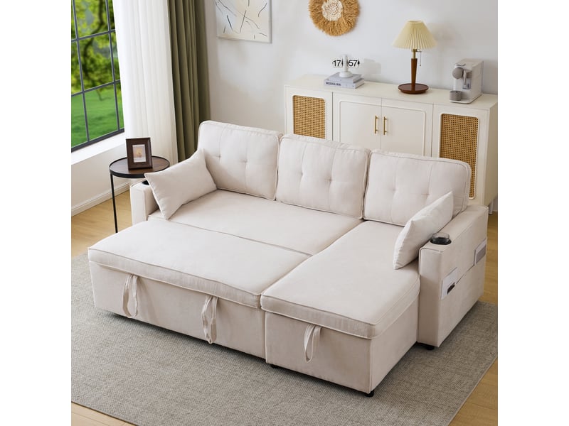  Canapé d'angle convertible 3 places en tissu effet lin, méridienne réversible, rangement, 211×130×86 cm  - Conforama W