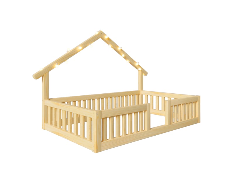  Lit cabane 90x200 cm en bois naturel - lit au sol avec barrière et guirlande lumineuse led  - Conforama R