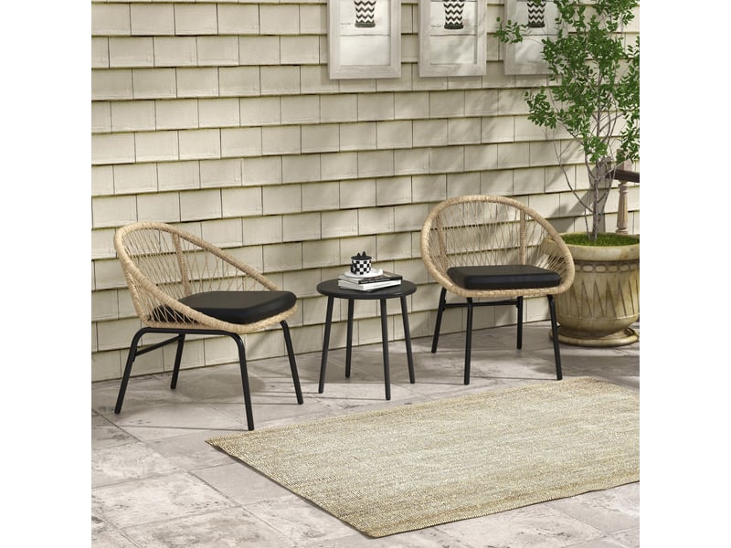  Salon de jardin avec 2 fauteuils à accoudoirs, 1 table ronde et coussins, pour balcon, rotin jaune  - Conforama B