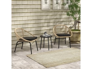 Salon de jardin avec 2 fauteuils à accoudoirs, 1 table ronde et coussins, pour balcon, rotin jaune