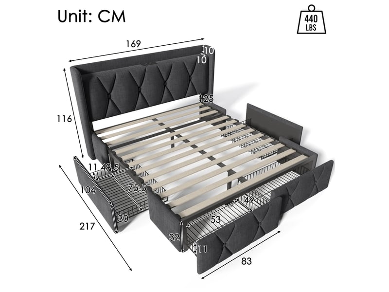  Lit coffre gris 160x200 cm avec chargeur usb intégré, 4 tiroirs, sommier bois - sans matelas  - Conforama E