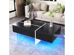 Table basse 100x50x34,5 cm avec led par application, 3 tiroirs à ouverture par pression, panneaux de particules, noir et blanc