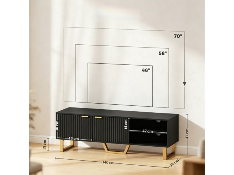  Meuble tv jusqu'à 70 pouces – 2 portes striées, compartiment ouvert et passe-câbles – rangement moderne  - Conforama C