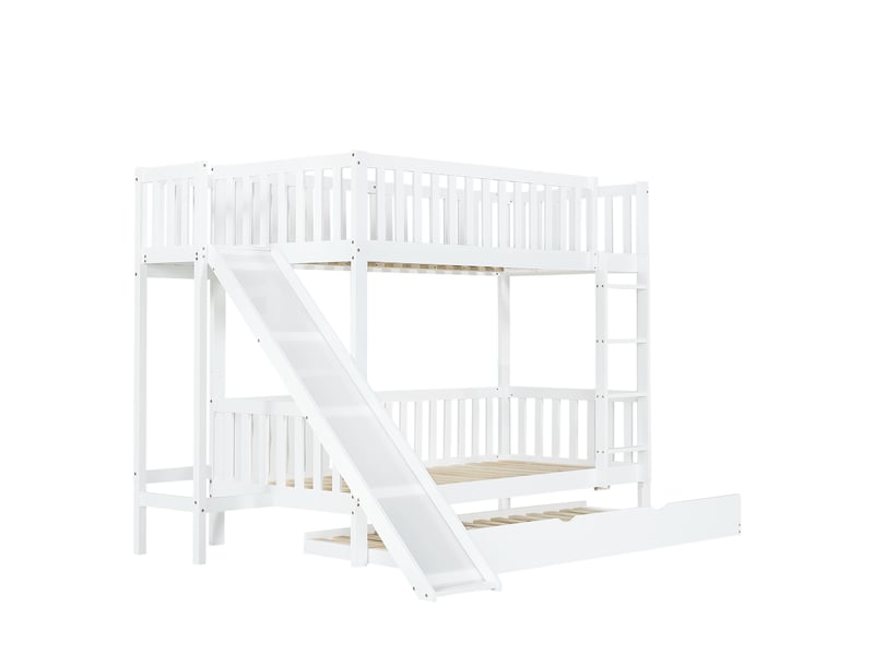  Lit étagé enfant 90x200190 cm blanc, couchage coulissant, toboggan, étagères et échelle  - Conforama A