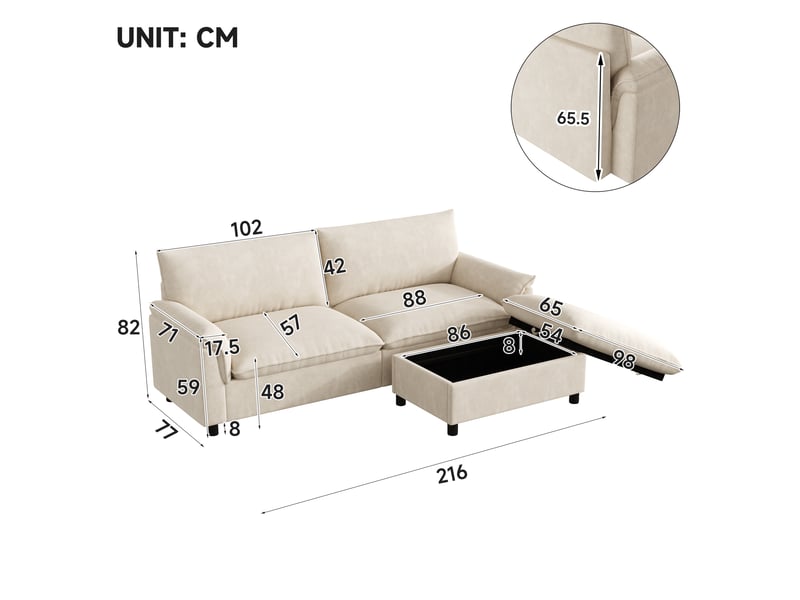 Canapé d'angle modulable 3 places, tissu chenille beige doux, assise profonde avec pouf coffre de rangement, convertible lit pour salon. - Conforama C