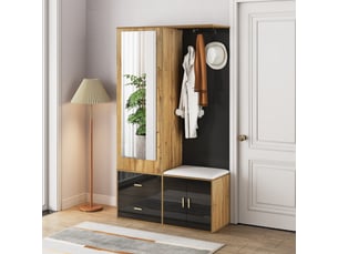 Ensemble vestiaire noir et bois avec miroir, meuble à chaussures, banc, crochets et tringles coulissantes