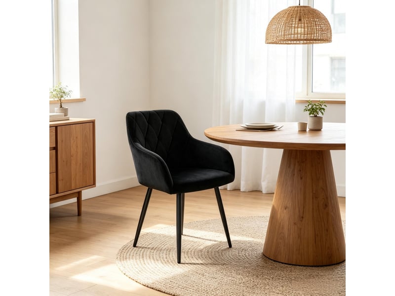  Chaise de salle à manger avec accoudoirs, assise rembourrée en velours noir et pieds en métal  - Conforama C