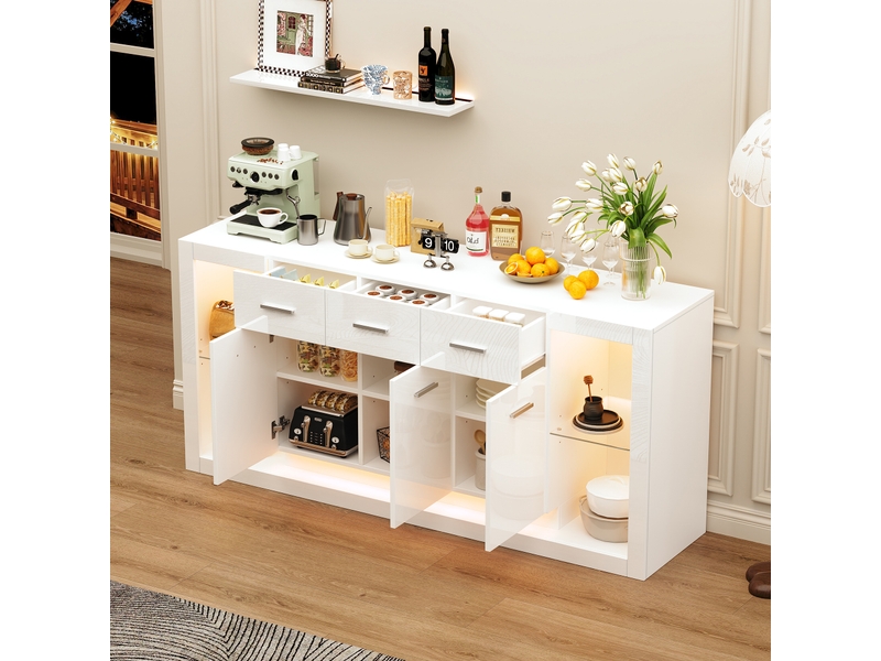  Meuble tv 160 x 40 x 75 cm blanc avec éclairage led, 3 tiroirs, 3 portes et 14 compartiments  - Conforama D