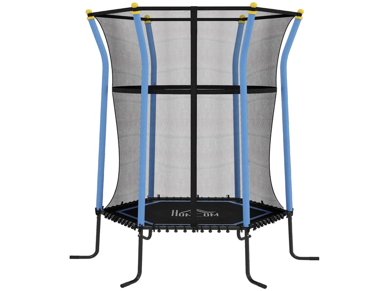 Trampoline pour enfant 1,22 x 1,11 x 1,9 m filet de sécurité porte zippée 6 poteaux rembourrés inclus bleu noir - Conforama A