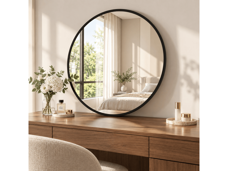  Miroir rond mural 75 cm, miroir de adapté à salle de bain chambre et salon, cadre aluminium renforcé incassable, verre trempé, noir  - Conforama B
