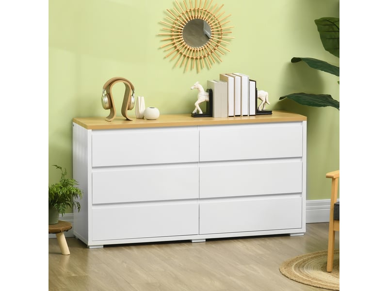  Commode à 6 tiroirs en panneaux de particules blancs pour chambre, bureau et salon, 140 x 37 x 75 cm  - Conforama C