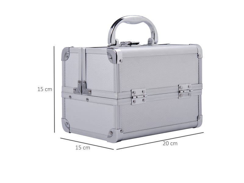 Trousse de maquillage professionnelle portable, 3 compartiments, miroir, 2 clés, pour bijoux manucure voyage, 20 x 15 x 15 cm, argent - Conforama E