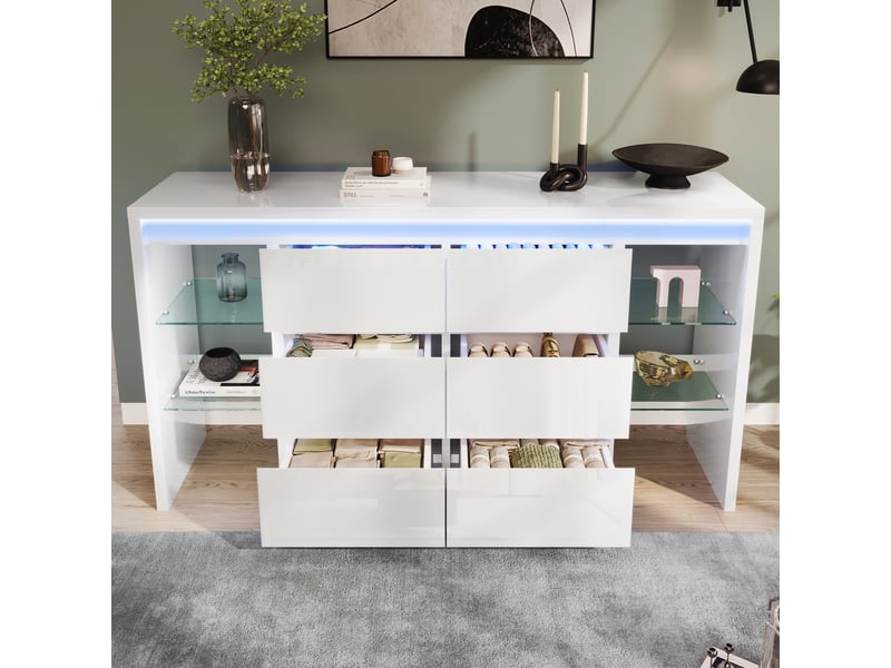  Buffet led 155x40x80 cm avec 6 tiroirs et 4 étagères en verre, bahut de salon, finition haute brillance, bois et verre - blanc brillant  - Conforama C