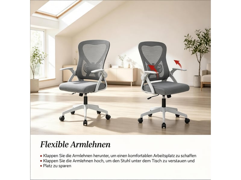  Chaise de bureau pivotante ergonomique - lpospi - réglable, accoudoirs rabattables, maille grise 47×42×102-111,5 cm  - Conforama E