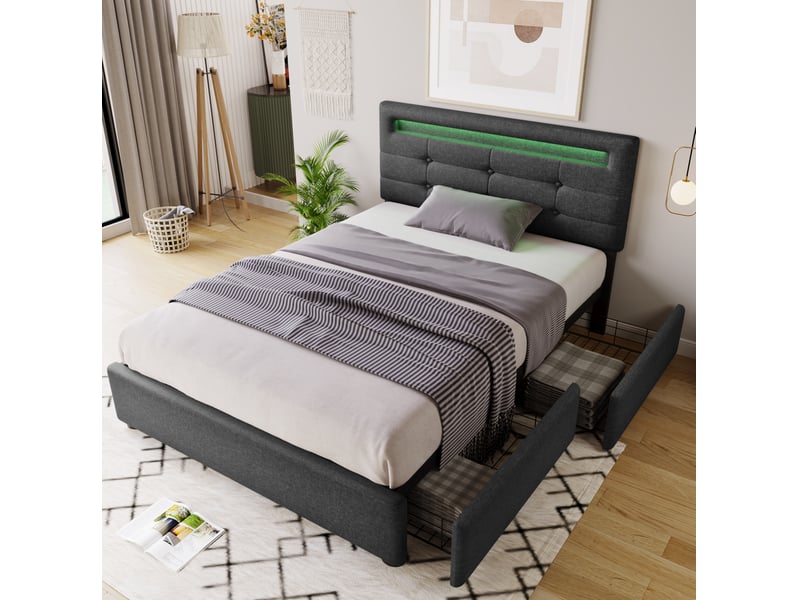 Modenvie lit simple 90x200 cm - led avec télécommande, 2 tiroirs, matelas inclus - gris  - Conforama D