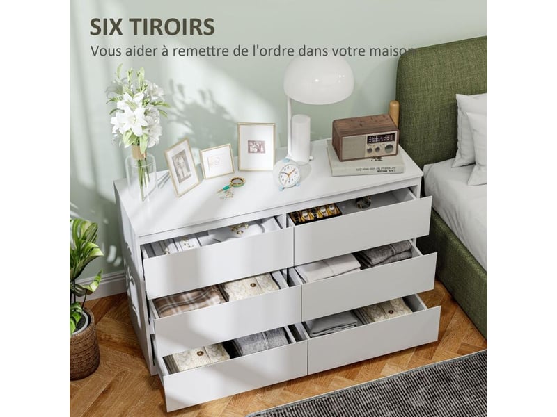  Commode 6 tiroirs meuble de rangement sans poignées design minimaliste 120 x 39 x 75 cm blanc  - Conforama E