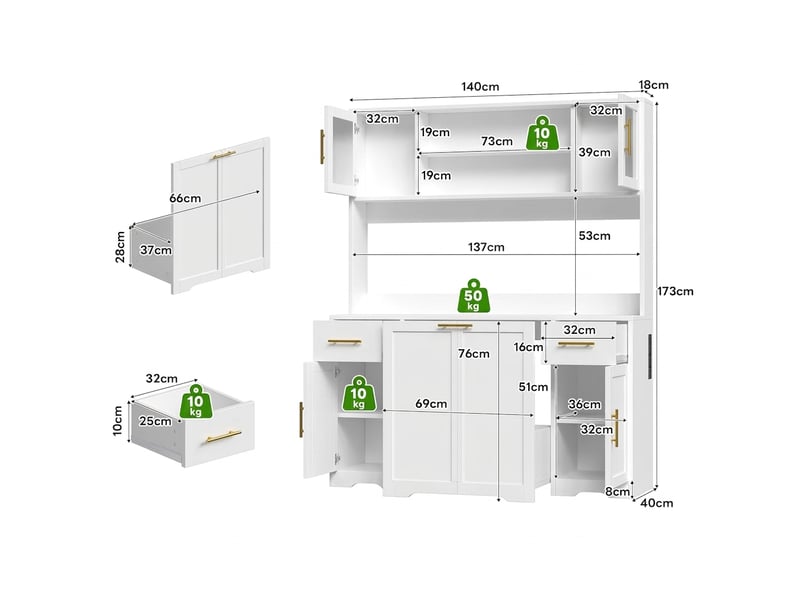  Meuble de cuisine haut blanc avec poubelle coulissante et plan de travail, 140x40x173 cm  - Conforama E