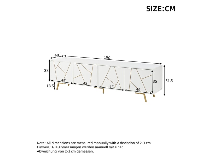  Meuble tv 190 cm pour écran 85 pouces, meuble tv blanc et or avec 4 portes, 190x40x51,5cm, panneaux et métal.  - Conforama C