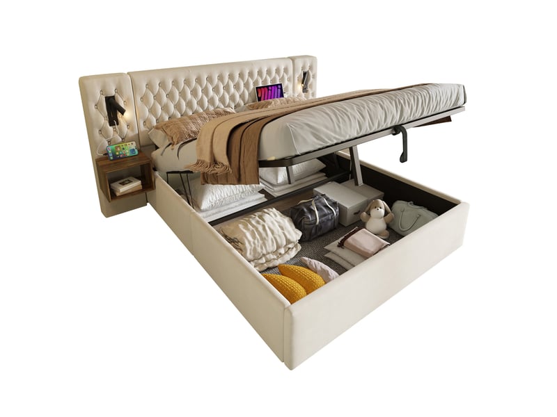  Lit coffre 160x200 cm avec 2 tables de chevet, lampes de lecture et ports usbtype-c, beige, velours  - Conforama A