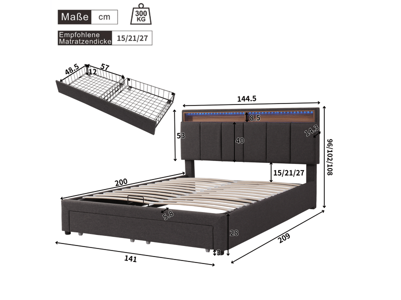  Lit double avec rangement et éclairage led gris 140 x 200 cm  - Conforama E