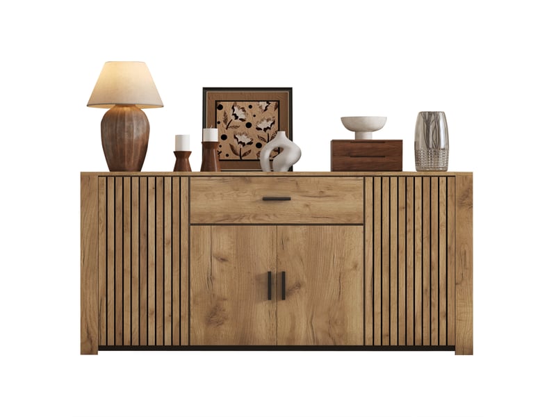  Buffet bas 160x40x75 cm chêne clair avec 4 portes et 1 tiroir  - Conforama A