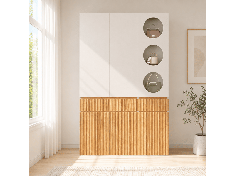  Armoire penderie 135 x 50 x 200 cm - 6 portes - 1 barre de penderie - 2 tiroirs - meuble de chambre moderne - gris clair et naturel  - Conforama B