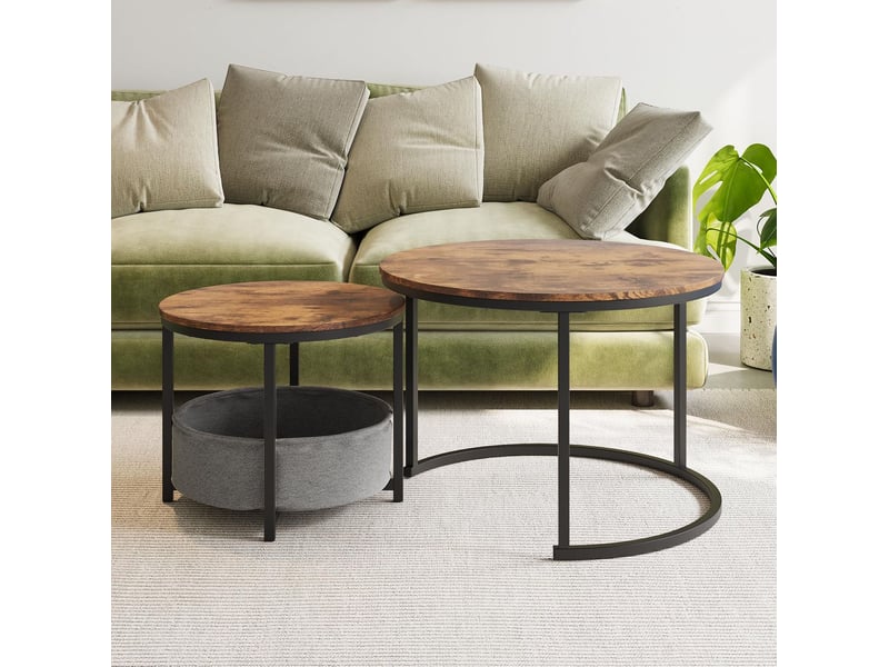  Set de 2 tables basses rondes gigognes 70x48 cm style industriel bois et métal marron antique  - Conforama A