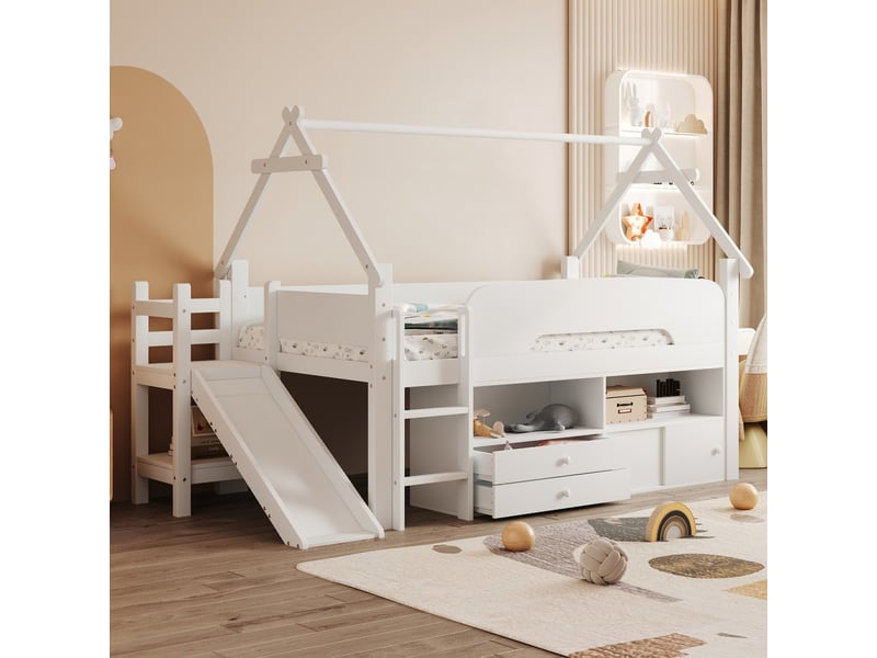  Lit enfant 90x200 cm forme toit toboggan tiroirs barrière sécurité espace jeu rangement bois massif blanc  - Conforama B