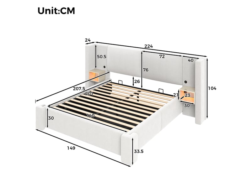  Lit coffre 2 places 140 × 200 cm avec éclairage led, chevets et rangement hydraulique, sans matelas, en lin beige  - Conforama D