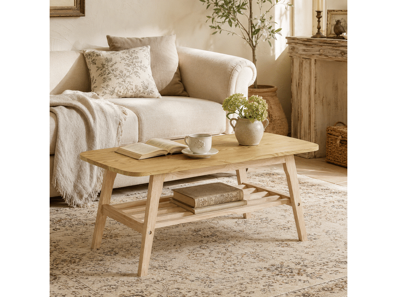  Table basse rectangulaire moderne, avec double plateau ouvert, rangement 2 niveaux et bois, bois naturel, 110×58×19 cm  - Conforama C