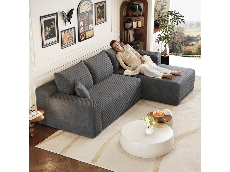  Canapé d'angle gris foncé 3 places en velours côtelé, canapé en l avec méridienne, 241 cm pour salon  - Conforama R