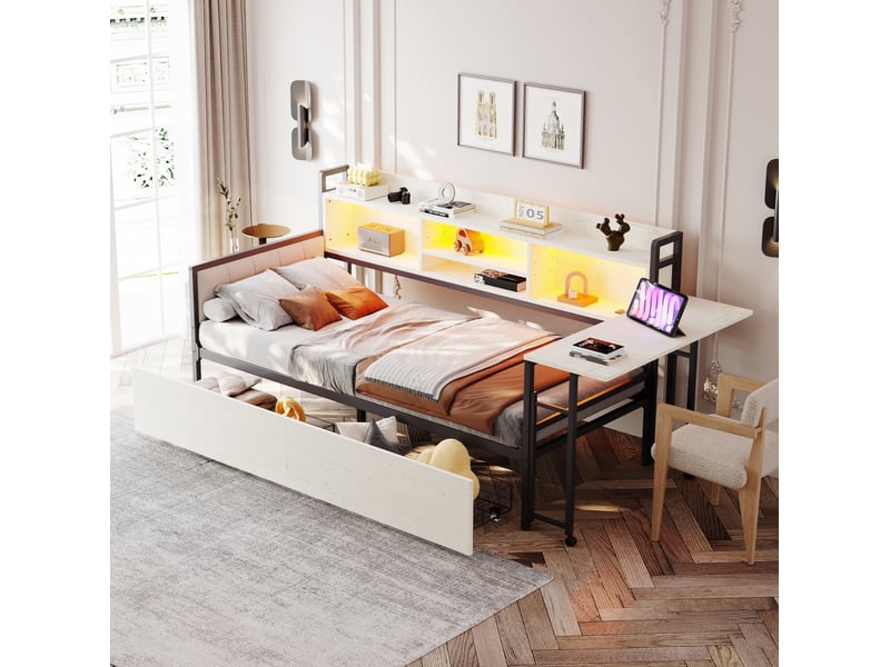 Lit enfant 90 x 200 cm tiroirs rangement led bandeau prise intégrée bureau escamotable dossier métal blanc sans matelas - Conforama W