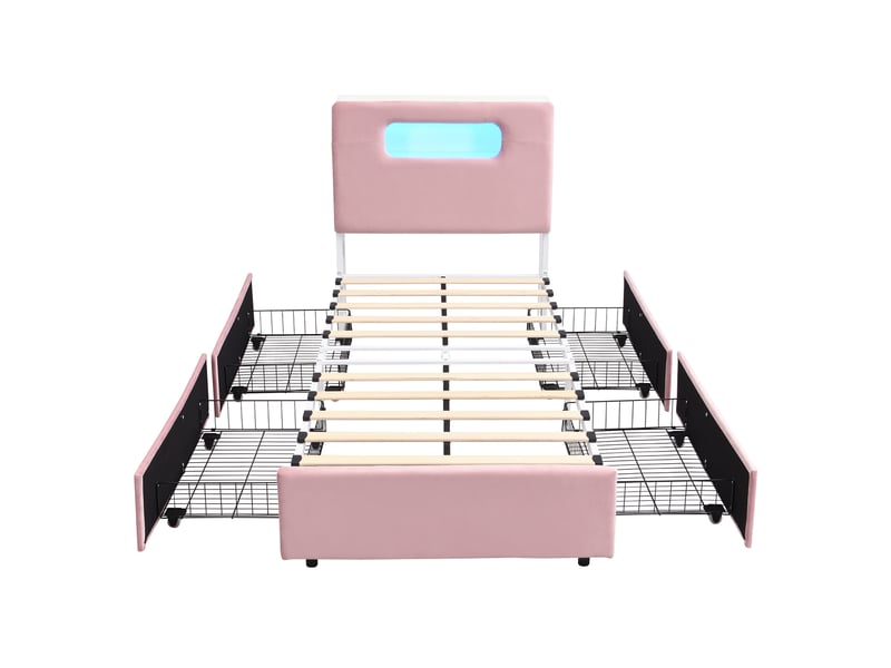  Lit enfant rembourré 90x200 cm rose avec 4 tiroirs, rangements et led app  - Conforama E