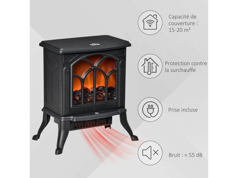  Cheminée électrique sur pied 7501500 w, fausse cheminée décorative avec effet flamme led, protection contre la surchauffe, zone de couverture 15-20 m², noir  - Conforama W