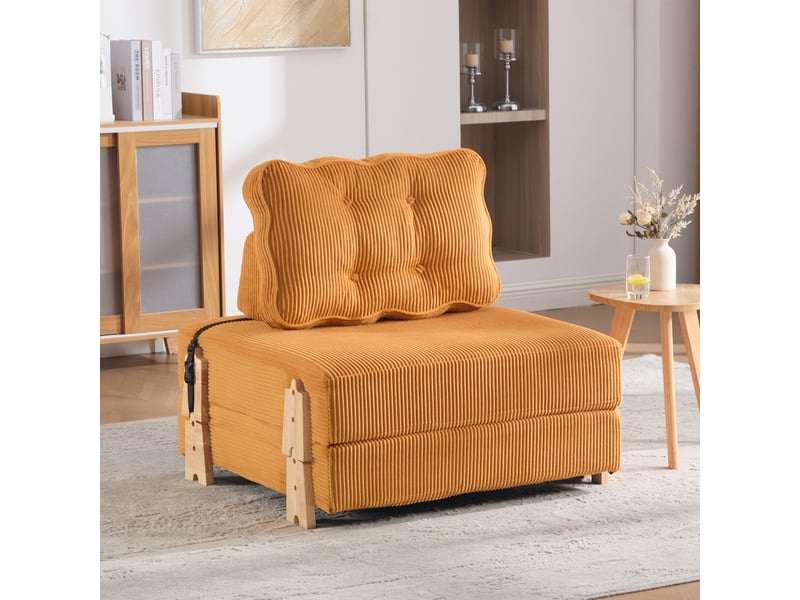  Fauteuil convertible pliant en velours côtelé, structure en bois orange  - Conforama B
