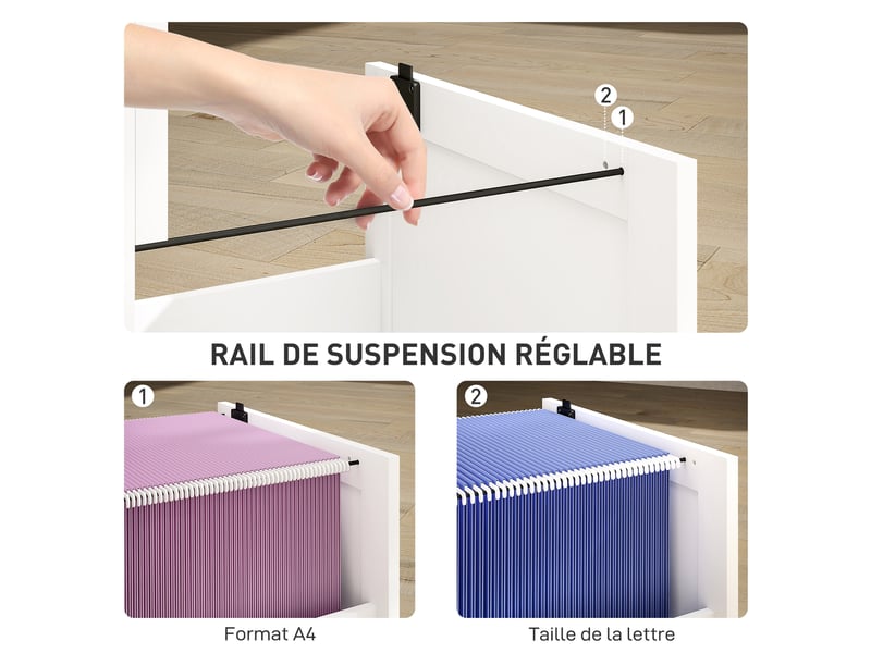  Caisson bureau, meuble rangement bois 3 tiroirs et serrure, barres de suspension réglables, blanc, 40 x 40 x 101 cm  - Conforama E