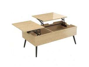Table basse relevable avec double plateau, bois naturel, table de salon avec compartiment caché et pieds en métal