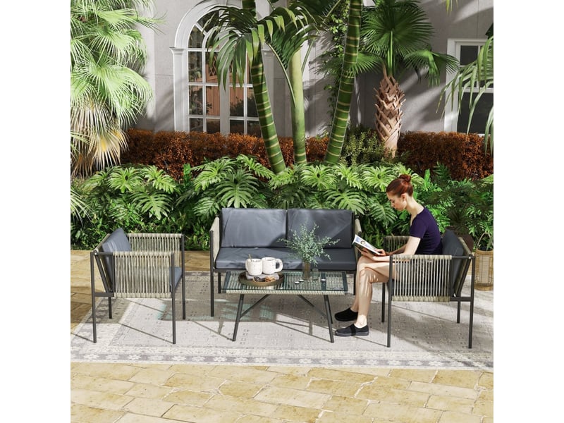  Salon de jardin avec 2 fauteuils, 1 canapé 2 places, 1 table basse et 7 coussins, rotin, acier et tissu gris  - Conforama C