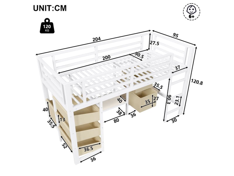  Lit mezzanine,90 x 200 cm,avec coussin d'assise, tiroir de rangement en tissu, pochette de rangement en tissu, éclairage led,blanc  - Conforama C