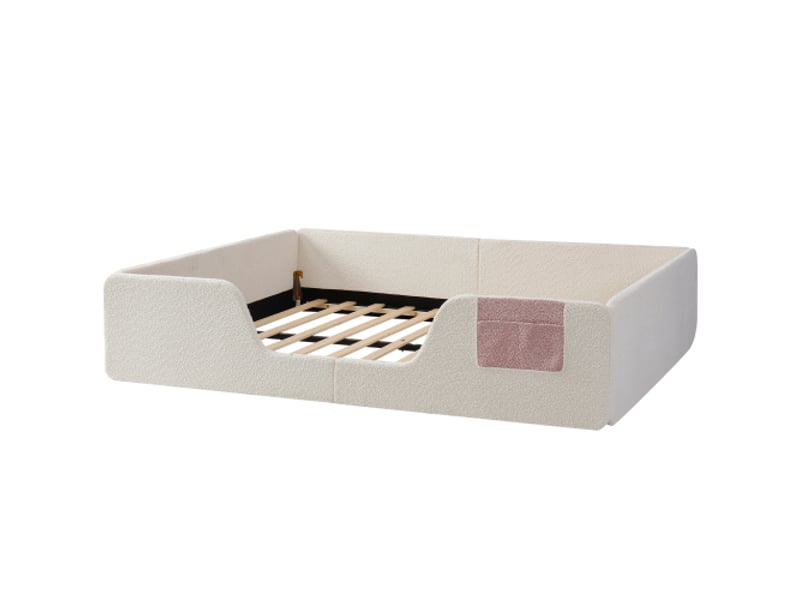  Lit capitonné beige 140x190 sans matelas — garde-corps amovible, poche en tissu intégrée, velours unique  - Conforama D