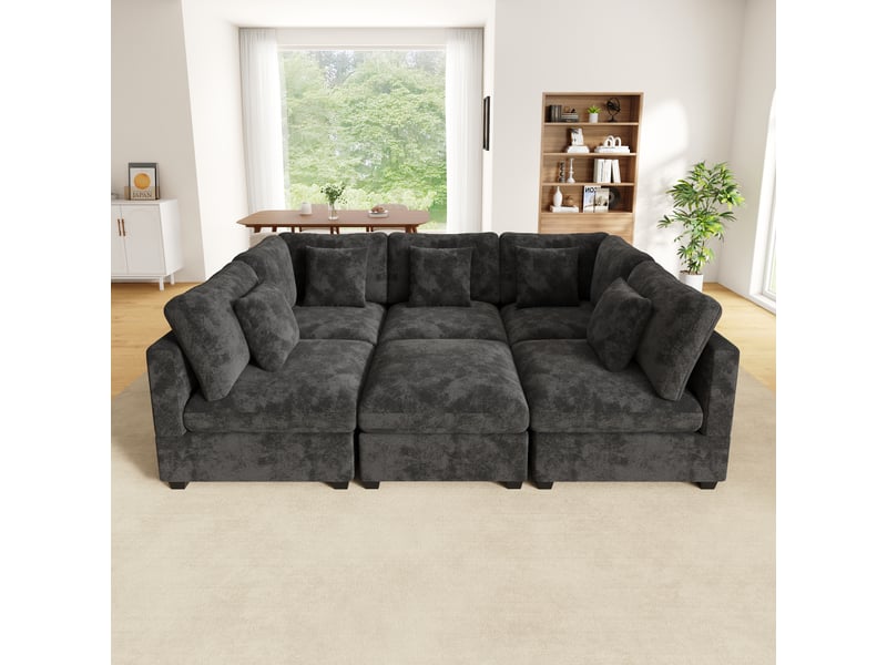  Canapé modulaire 6-7 places convertible avec pouf de rangement et poches latérales, en chenille gris  - Conforama B