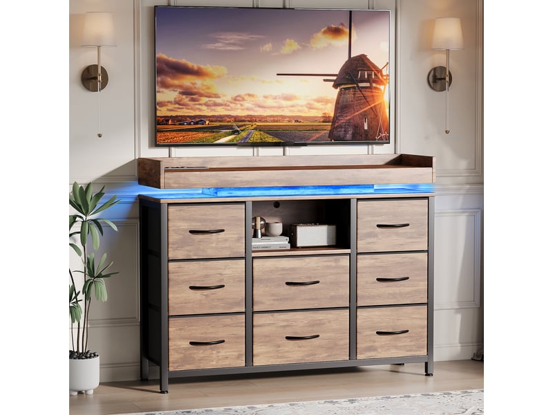 Commode 8 tiroirs avec led et prises - 108 x 30 x 82 cm-marron rustique - meuble de rangement avec station de charge et étagère - Conforama C