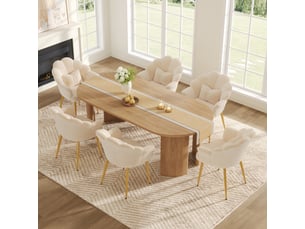 Lot de 6 fauteuils de salle à manger avec dossier pétale, accoudoirs, coussin nœud et pieds en métal doré, tissu bouclette teddy, beige